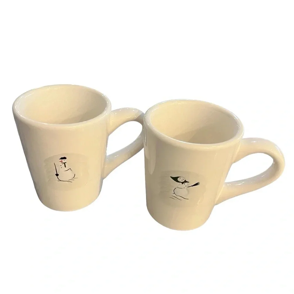 PAIR Williams Sonoma Snow Man and Woman Winter Holiday Mugs TWO